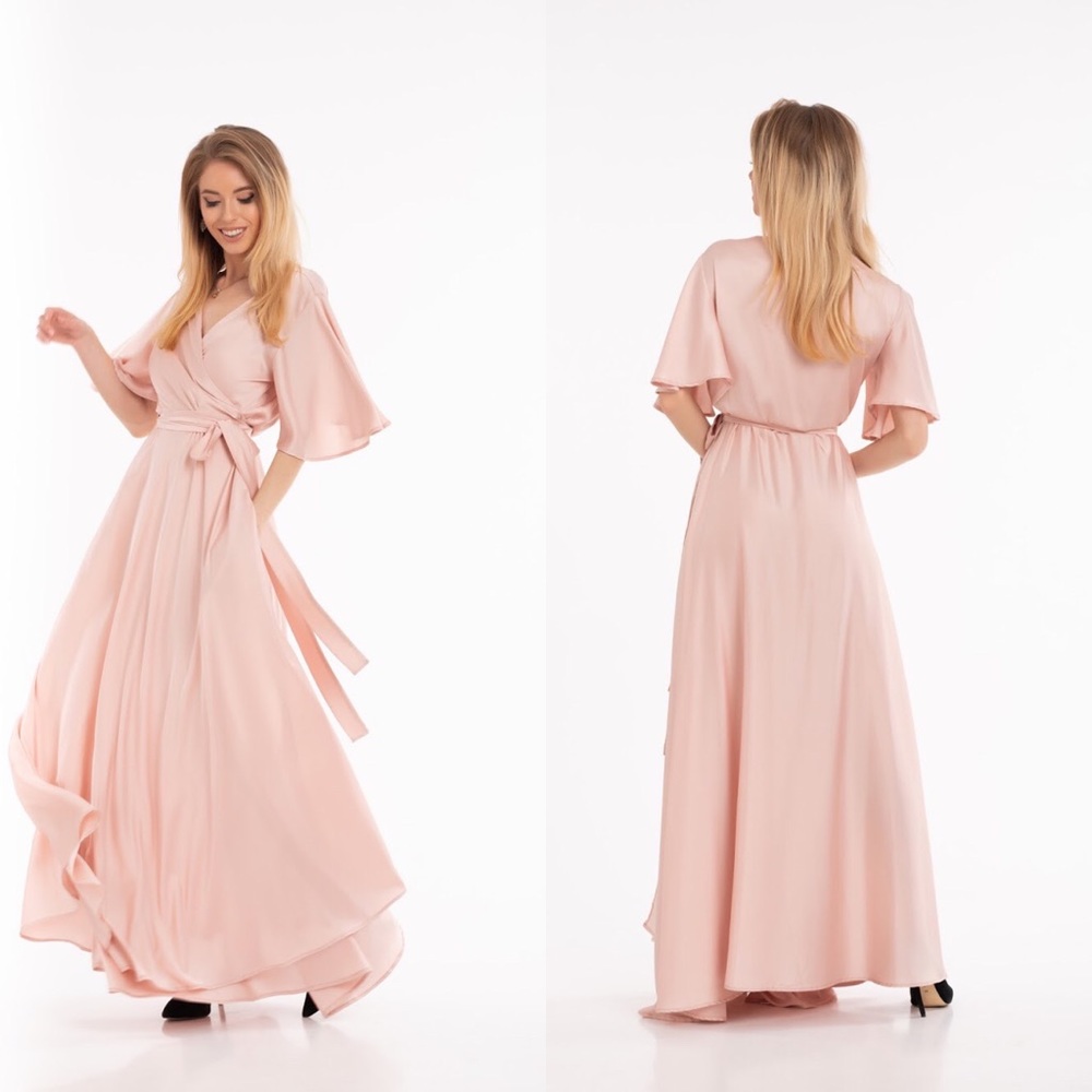 ❗️NEW❗️Light Pink Flutter Sleeves Silk Wrap Dress